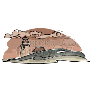 This clipart image features a coastal scene with a lighthouse, representing a typical East Coast shoreline. There's a prominent lighthouse in the background and a beach with sand and water in the foreground, all set against a backdrop of a cloudy sky.