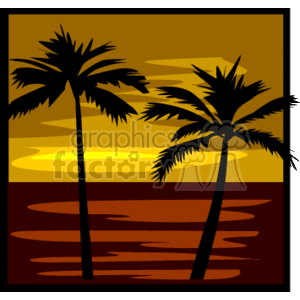   The clipart image features a stylized representation of a tropical scene at sunset. There are two palm trees silhouetted against a yellow and orange sky. Below the trees, there