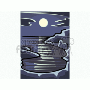The image depicts a stylized representation of a night scene at the ocean. It features the moon in the sky, illuminating water with its reflection on the sea surface, and the shore is visible at the bottom. The image uses a limited color palette, mainly shades of blue and white, contributing to the nocturnal ambiance.