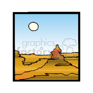 The image is a stylized representation of a desert canyon landscape. It features layered rock formations commonly found in canyons with a clear sky overhead and a bright sun. The color scheme consists of warm earth tones like browns and oranges, suggesting an arid, desert environment.