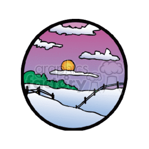 The clipart image portrays a winter landscape encased within a circular frame. It features snow-covered hills with a wooden fence running across, evergreen trees, and a purple sky with fluffy clouds. A sun is depicted halfway above the horizon, suggesting a sunrise or sunset scenario.