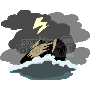 The image is a stylized representation of Noah's Ark during a storm. There is a large, dark wooden ark partially visible, navigating through high ocean waves. Above the ark, there is a stormy sky filled with dark clouds and a bright lightning bolt, suggesting a severe thunderstorm or hurricane-like conditions.