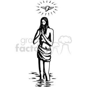 A black and white clipart image of a person with long hair, draped in a cloth, standing in water and praying. Above, a dove is depicted with radiating lines.