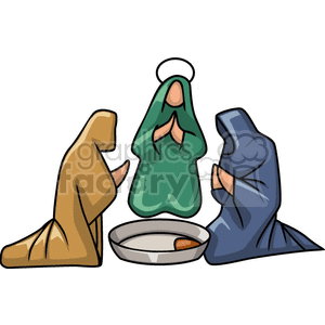 Three figures in robes kneeling and praying with a bowl in front of them. One figure has a halo.