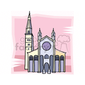 Illustration of a cathedral with tall spires and a large round window, set against a pink background.