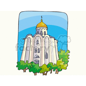 A clipart image of a church with a golden dome and arched windows, surrounded by trees against a blue sky.