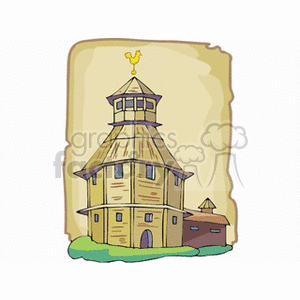 Clipart image of a wooden church or cathedral with a rooster on top.