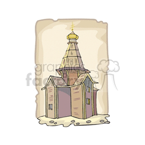 Clipart illustration of a traditional church building with distinctive architecture and a steeple.