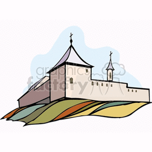 Clipart of a church or cathedral on a hill with stylized outlines and vibrant colors.