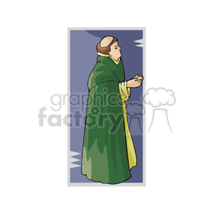 Illustration of a religious figure in green and yellow robes, depicted in a praying position.