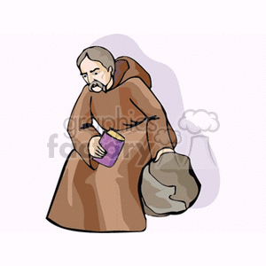 Clipart image of a religious figure, possibly a monk or priest, in a robe holding a book and a hat.