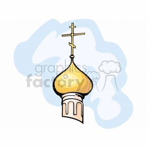 Illustration of a church dome with an Orthodox cross on top, set against a stylized blue cloud background.