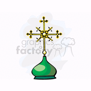 Clipart image of a stylized Christian cross on a green stand.