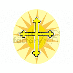 A botonee cross overlaid on a radiant sun design, symbolizing Christian themes.