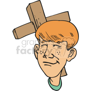 The clipart image depicts a boy with a wooden cross behind him. The boy appears to be smiling or smirking, and he has short hair, freckles, and is wearing a shirt with a visible collar. The style is simple and cartoonish, typical of clipart.