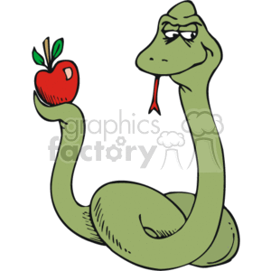 The image features a cartoon representation of a green snake with a red apple in its grasp. The snake appears anthropomorphic with facial features like frowning eyes and a protruding tongue. This imagery is evocative of the Biblical story of Adam and Eve, where the serpent tempts Eve to eat the forbidden fruit from the Tree of Knowledge in the Garden of Eden.