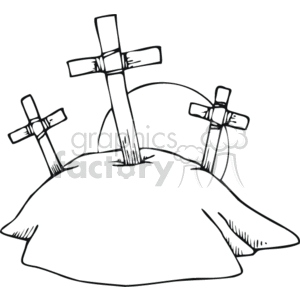 The clipart image depicts three simple, unadorned crosses standing on a raised mound of earth, which might suggest a hill or a burial ground. The image is rendered in a line drawing style without color, providing a stark and straightforward representation of the crosses.