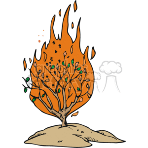   The image depicts a single tree with orange flames engulfing its branches, resembling the biblical scene of the burning bush from the Book of Exodus, where God speaks to Moses. Despite the fire, the tree
