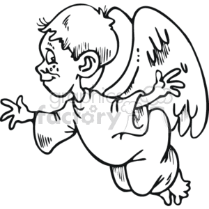 The clipart image depicts a stylized illustration of a young angel, which may symbolize innocence or divinity within Christian religious contexts. The angel appears as a child with wings, often associated with cherubim. The image is a line drawing that could be used in various religious educational materials or festive decorations.