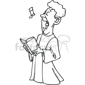 This clipart image displays a stylized representation of a choir member singing. The character is depicted with an exaggerated facial expression indicating involvement in the act of singing. They are holding an open book, likely representing a hymnal or songbook, and there is a musical note floating above to reinforce the theme of singing.