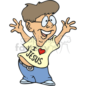 This clipart image features a cartoon of an enthusiastic boy smiling and spreading his hands wide open. He is wearing a cream-colored t-shirt that has I Love Jesus printed on it, with a red heart symbol representing the word love. He also has on blue pants and brown shoes. The boy's hair is brown and his expression is cheerful, with eyes wide open.