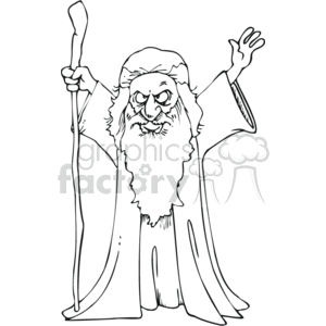 This clipart image depicts a figure that is often associated with the portrayal of God or a biblical prophet in Judeo-Christian iconography. The character has a long beard, is wearing robes, and is holding a staff in one hand. The figure's other hand is raised, which might signify an act of blessing, teaching, or command.