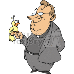 This image shows a cartoon of a priest or clergyman gently holding a small bird in his hand. The priest is depicted with a content smile on his face as he looks at the bird, suggesting a moment of peaceful interaction between human and nature.