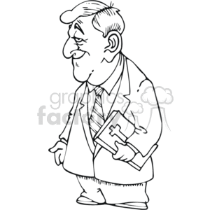 The clipart image depicts a cartoon of a smiling man holding a book with a cross on the cover, which suggests that it might be a Bible or other Christian religious text. The man appears to be dressed in a suit and tie, giving the impression that he could be a Christian clergy member, such as a pastor or priest.