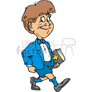 The clipart image features a cartoon of a young boy walking and smiling. He is dressed in a blue jacket, a white shirt with a bow tie, shorts, and black shoes. He is holding a black book with a cross on the cover, which suggests it could be a Bible. The boy appears to be happy and may be depicted as going to or coming from a religious event like church or Sunday school.