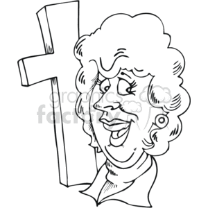 The clipart image features a smiling woman with curly hair standing next to a Christian cross. She has a friendly and welcoming expression, wearing earrings, and looks like she might be intended to represent a religious figure or a member of a Christian community.
