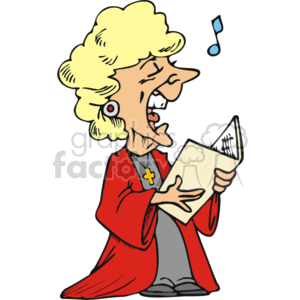   The image shows a caricatured illustration of a blonde woman who appears to be singing or performing with vigor. She is depicted with her mouth open wide, presumably singing a note, and holding a hymn book or songbook. The woman is wearing a red choir robe with a Christian cross pendant, indicating her participation in a religious or church choir. The character