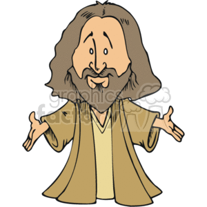 The clipart image depicts a cartoon representation of a religious figure often associated with Christianity, resembling interpretations of Jesus. The character has long, wavy hair, a beard, and is dressed in a traditional robe with his arms extended outward in a welcoming or presenting gesture.