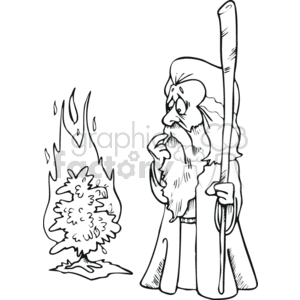 The clipart image depicts a religious scene often associated with the Christian faith, featuring a bearded figure standing next to a burning bush. The figure is holding a staff and appears to be in a contemplative or awe-struck pose, gazing at the flames that engulf the bush without consuming it. This scene is a representation of the Biblical account where Moses encounters God in the form of a burning bush.