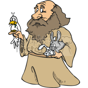   The clipart image depicts a bearded monk in a traditional religious robe holding a dove in one hand and a rabbit cradled in the other arm. The dove appears to be peaceful or resting in the monk