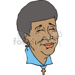 The image is a clipart of an African American lady with a cross. She has grey hair, is wearing earrings, and has a blue top with a collar. The cross appears to be on a necklace and is centered in the image, implying religious significance, potentially Christian. Her eyes are closed, and she has a peaceful expression on her face.