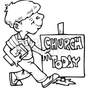 The clipart image features a line drawing of a young boy wearing casual clothes and a cap, walking with a spring in his step. He is carrying what appears to be a book, possibly a Bible or hymnal, under his arm, signifying that he might be on his way to a religious service or church-related event. Next to the boy is a sign that reads CHURCH TODAY which suggests that there is a church service or event happening on the day the image is representing.