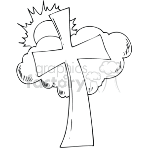 The image is a black and white clipart depicting a Christian cross with a radiant halo around the upper intersection, set against a backdrop of fluffy clouds, suggesting a heavenly or divine theme. 