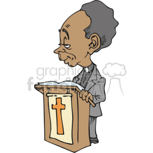 The clipart image shows a cartoon of an African American preacher or priest standing at a podium with a Christian cross on it. The preacher appears to be delivering a sermon or reading from a book that is resting on the podium. The character has a somber expression, suggesting a serious tone, which is often associated with religious services or sermons.