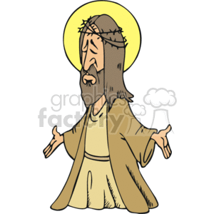 The clipart image depicts a representation of Jesus Christ, a central figure in Christianity. Features include a halo around his head, a crown of thorns, a beard, long hair, and an outstretched arms pose. He is wearing a robe which is commonly associated with biblical times.