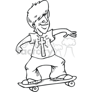 The clipart image depicts a person skateboarding. The skateboarder is styled in a cartoonish manner, balancing on a skateboard with their arms outstretched for stability. They are wearing a top with a cross symbol prominently displayed on the chest, symbolizing a connection with Christianity.