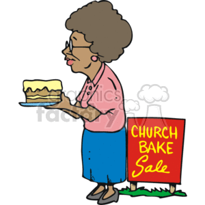 This clipart image features an elderly African American lady with gray hair styled into an afro, wearing glasses, a pink shirt, and a blue skirt. She is holding a tray with a layered cake on it. Beside her is a sign that reads CHURCH BAKE SALE in red and yellow lettering, indicating that she is participating in a bake sale event likely organized by a church.