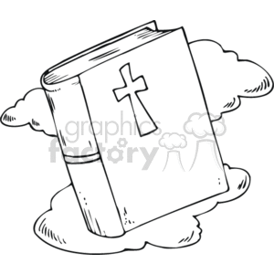 The image shows a line drawing of a book, which appears to represent the Bible given the cross symbol on its cover. The Bible is depicted resting on a cloud, which could signify its sacred nature or an association with heaven in religious iconography.