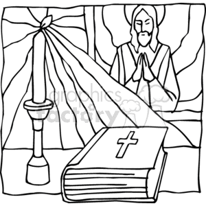 The clipart image shows a figure with a halo around their head and hands pressed together in prayer. In front of the figure is a book with a cross on the cover, symbolizing the Bible. Beside the Bible is a candle on a candlestick, casting a ray of light towards the figure. The background resembles draped cloth or curtains.