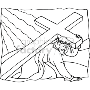   This clipart image depicts a religious scene often associated with Christianity. It shows a figure, representing Jesus, fallen to the ground and carrying a cross on his back. There are lines in the background that may suggest a path or the hill of Calvary, where the crucifixion is said to have taken place according to Christian tradition. The image appears to be a representation of the 9th Station of the Cross from the Christian devotional practice known as the Stations of the Cross, which commemorates Jesus Christ