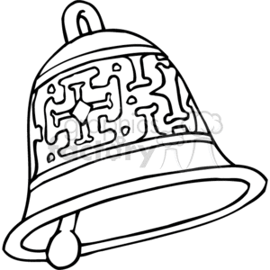 This is a black and white line art clipart image of a Christian bell, featuring embossed patterns with a cross design that suggests a connection to the Christian religion.