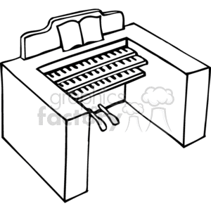 This clipart image depicts a pipe organ, which is a large musical instrument commonly found in Christian churches. It features multiple keyboards, pedal keys at the base, and is likely intended to represent a traditional organ used for religious services and musical performances within a Christian context.