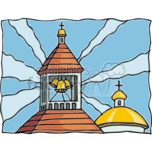   The clipart image features a pair of church bells within a bell tower, typically associated with a Christian church. The bell tower is capped with a cross, signifying its religious significance, and there