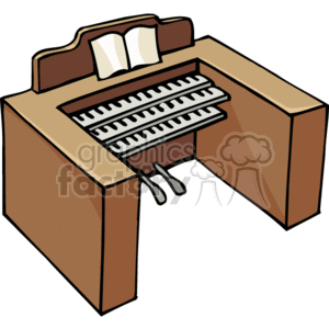 The clipart image features a stylized illustration of a church organ. The organ has two keyboards (manuals), a music stand with an open book of sheet music, and foot pedals.