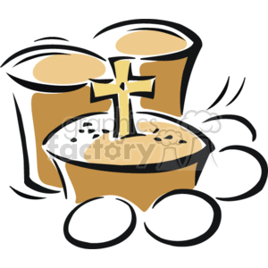 The clipart image depicts a stylized illustration of Christian religious symbols consisting of a chalice and a cross. The chalice appears to be filled with what can be assumed to be wine, referencing the use of wine in Christian Communion or Eucharist rituals. There are also what appears to be bread or wafers represented behind the chalice, which are also part of the Christian Communion ceremony, symbolizing the body of Christ.
Please note that the image may be interpreted differently in various cultural contexts, and the association of wine and bread with Christian rituals is based on common practice in many Christian denominations.