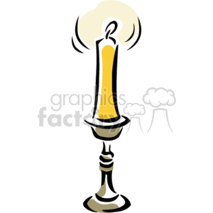 The clipart image depicts a lit candle with a flame at the top, placed in a candle holder. The candle has a dripping wax effect near the flame, indicating it has been burning for some time. The holder has a base for stability, a stem for holding, and a part that secures the candle in place.